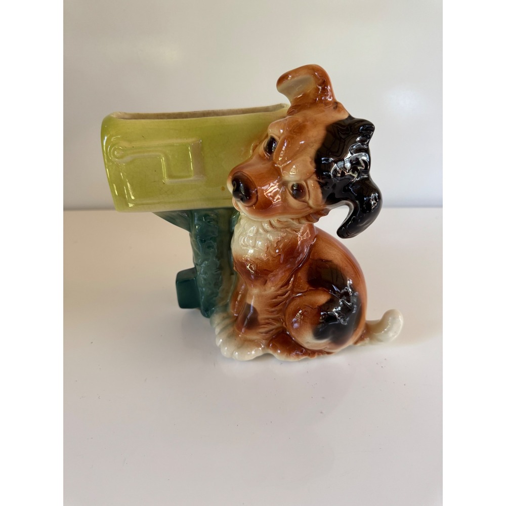 Vintage Ceramic Dog Planter Puppy with US Mail Mailbox Brown Green Pottery